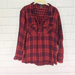 Eddie Bauer Red/Purple Plaid Half Button Down Shirt